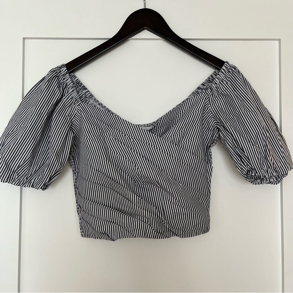 J. Crew Navy and White Puff Sleeve Crop Top (XXS)